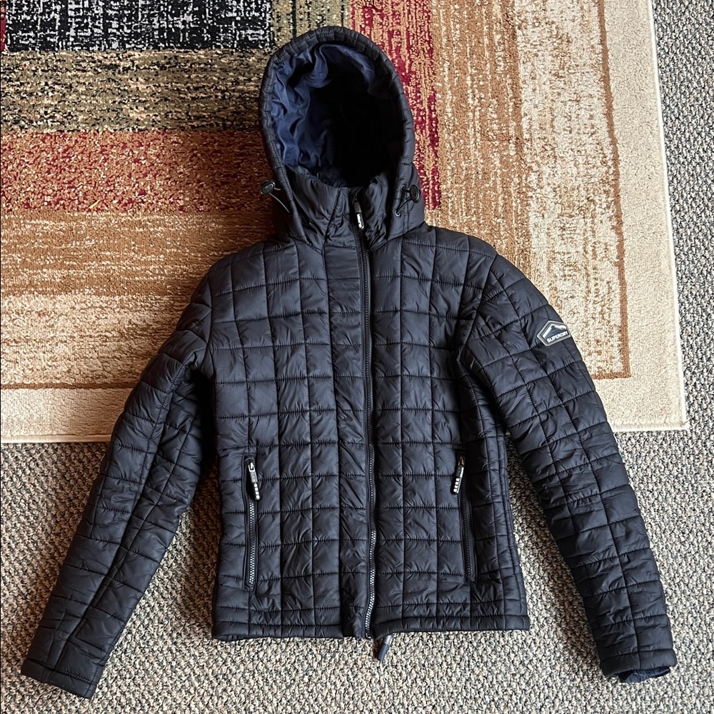 Superdry Black Women’s Small puffer Quilted Jacket dual zipper warm sleek winter